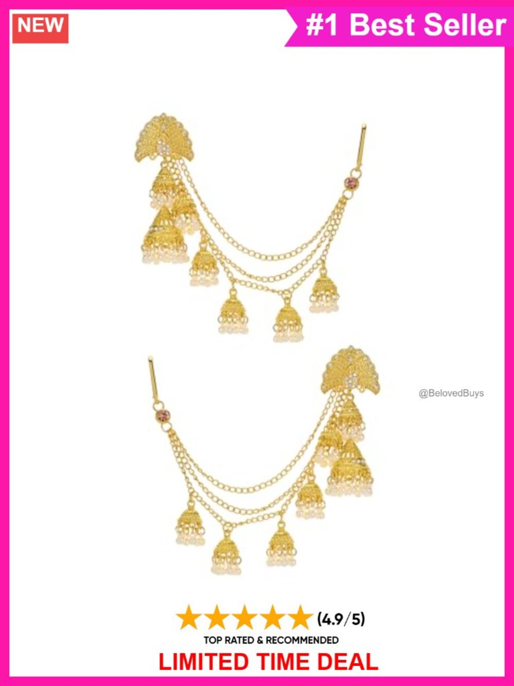 Indian Kundan Earrings with Gold Hair Chain Layered Faux Pearl Charms Wedding
